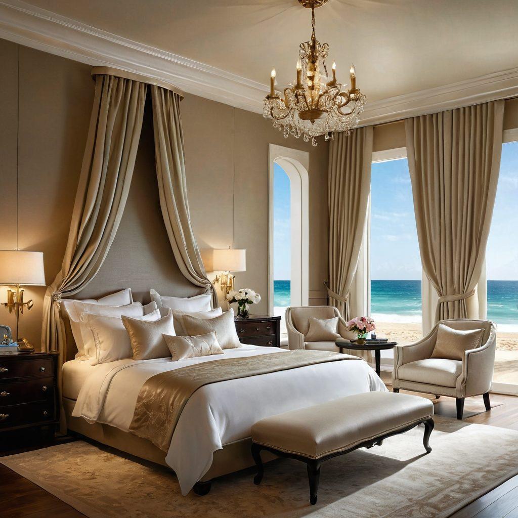 A stylish beach scene transitioning into an elegant bedroom, showcasing luxurious fabrics and provocative clothing designs. Include flowing textures, subtle lingerie accents, and artistic representations of sensual restraint like silk ties or light chains. The atmosphere should evoke allure and intimacy, blending sunlight with soft bedroom lighting. super-realistic. vibrant colors. dreamy ambiance.